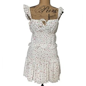 Mable New White Floral Romantic Smocked Ruched Mini Dress Size Large NWT